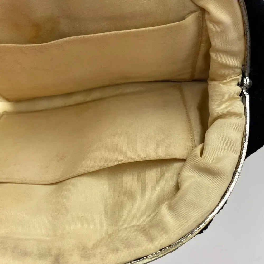 Vintage Black Velvet‎ Art Deco Clutch Rhinestone Clasp Evening Bag Pouch Purse